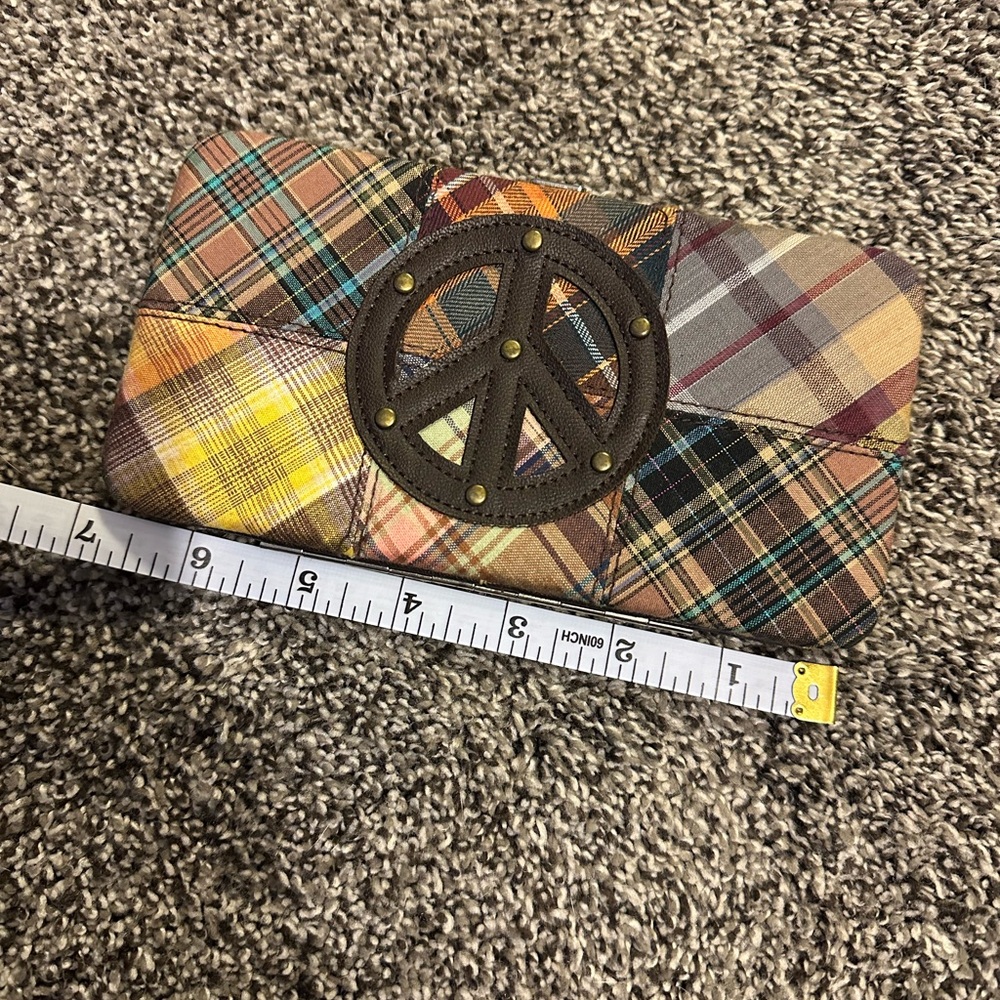 Plaid Patchwork Wallet with Peace Sign